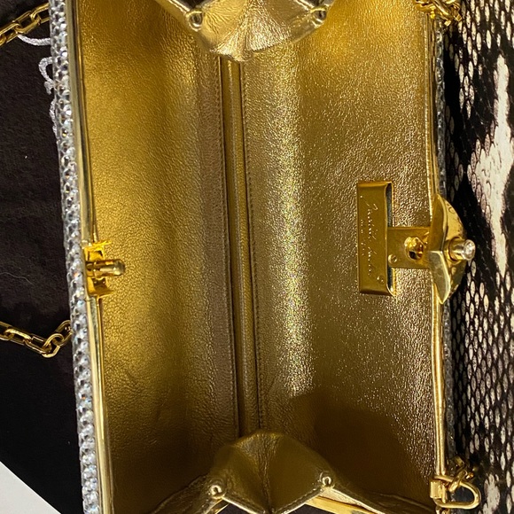 Judith Leiber Miniaudière Evening Purse Handbag Gold w Silver Rhinestones unworn - Picture 6 of 15
